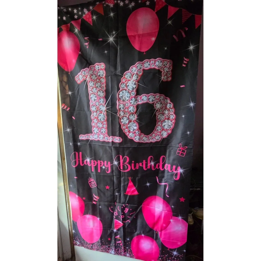 Sweet 16 Happy Birthday Door Banner Black Pink Diamond Backdrop 36x74 Celebrate